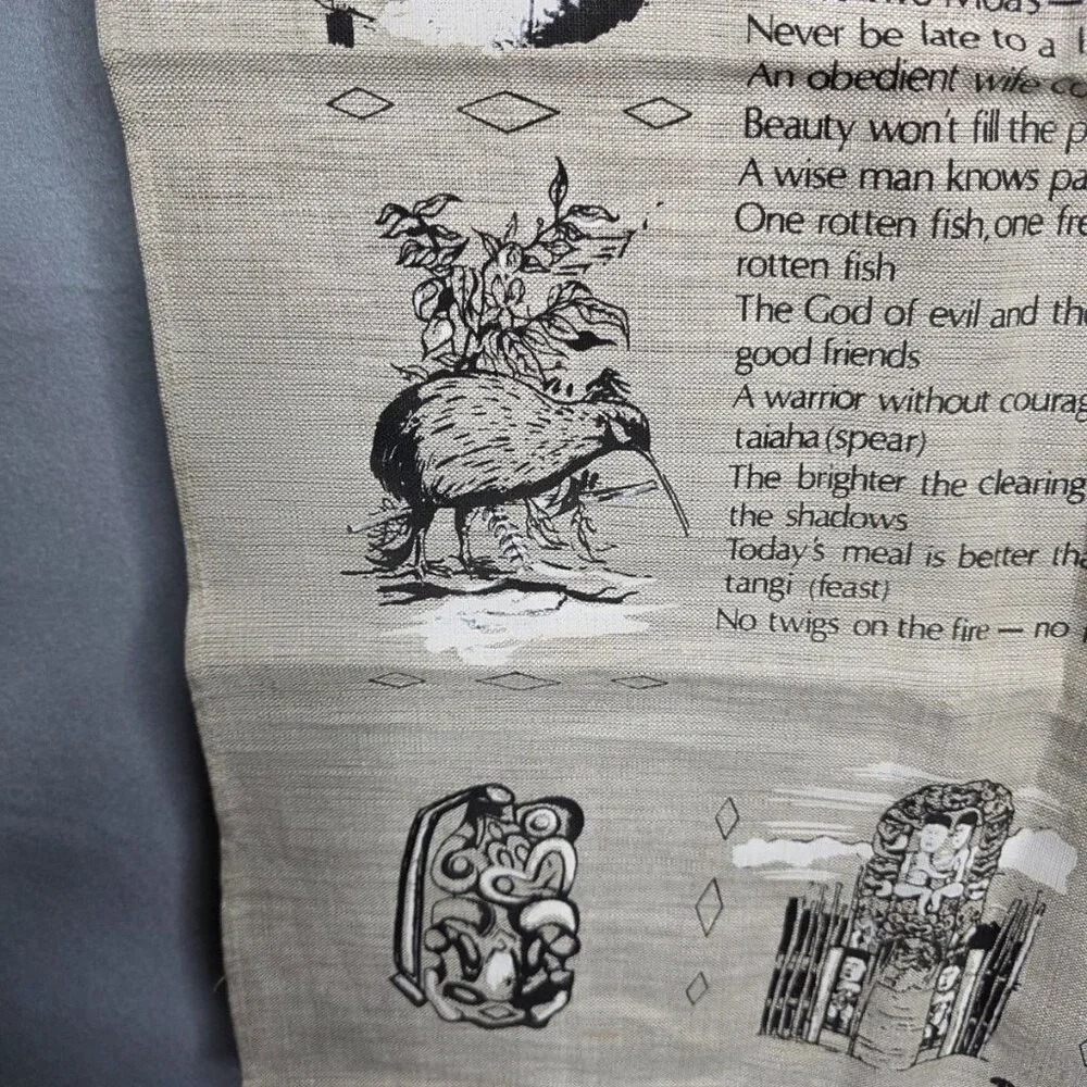 Vtg Maori Wisdom Proverbs Natural Flax Linen Tea Hand Towel New Zealand 19 x 29